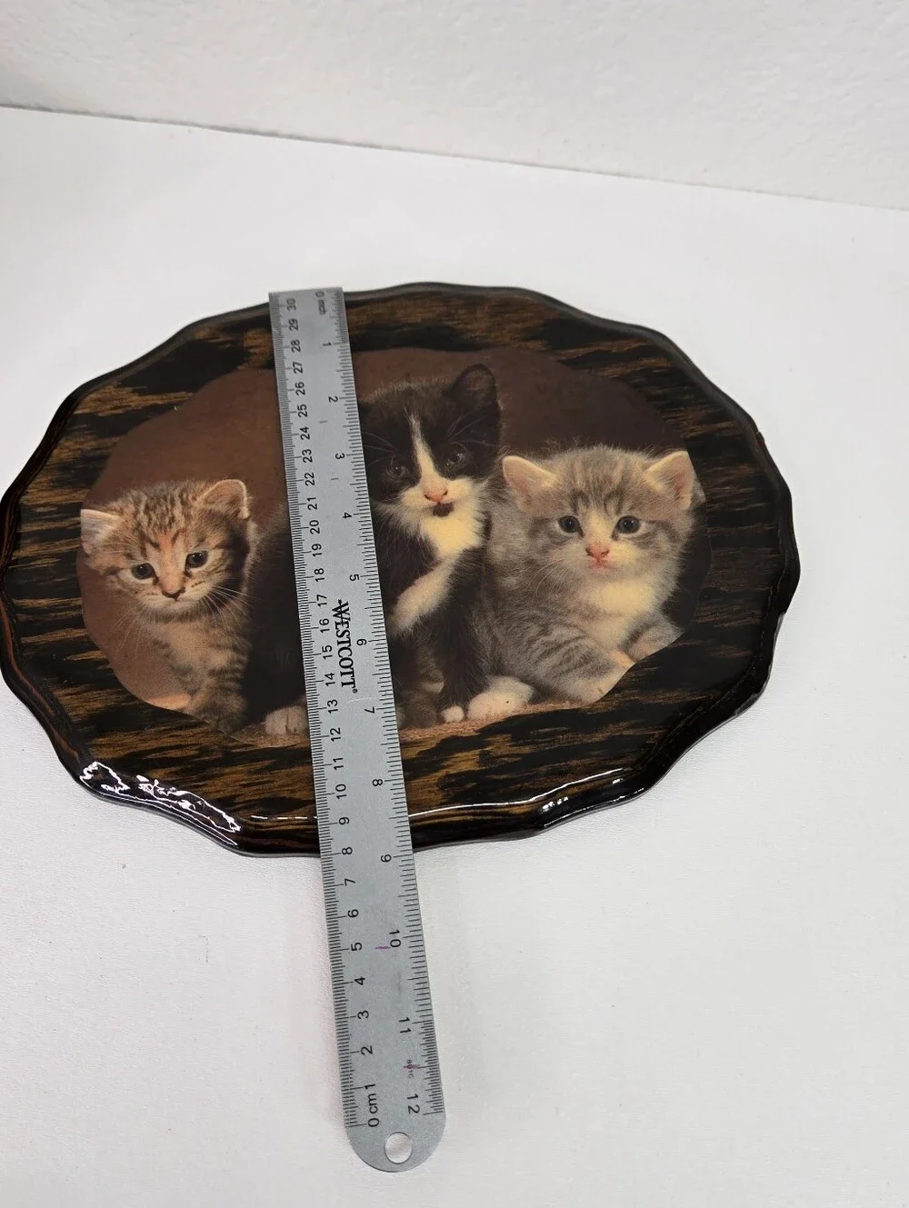 VTG 80s Decoupage Wood Plaque 3 Kittens Lacquer Frame Cat Art Wall  Kitsch